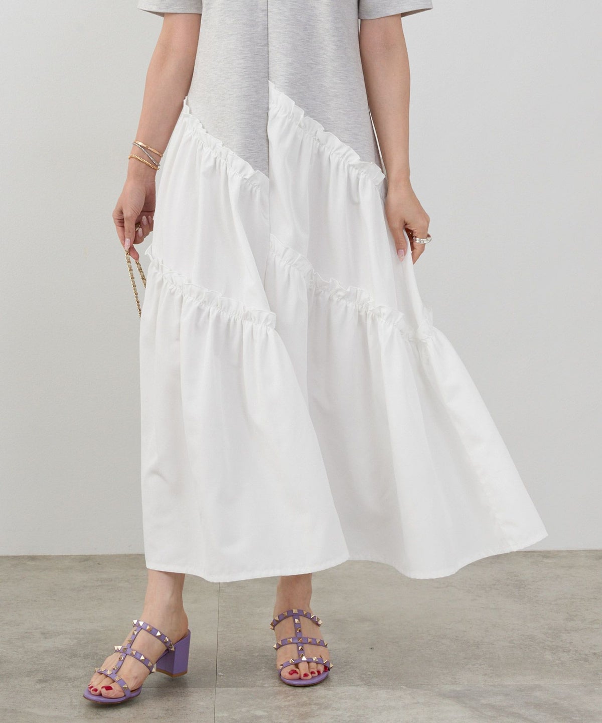 新色追加手洗い可ラウンドネックフレアティアードおしゃれ異素材切り替え上品大人可愛いきれいめ体型カバー半袖夏ジョイントスペース