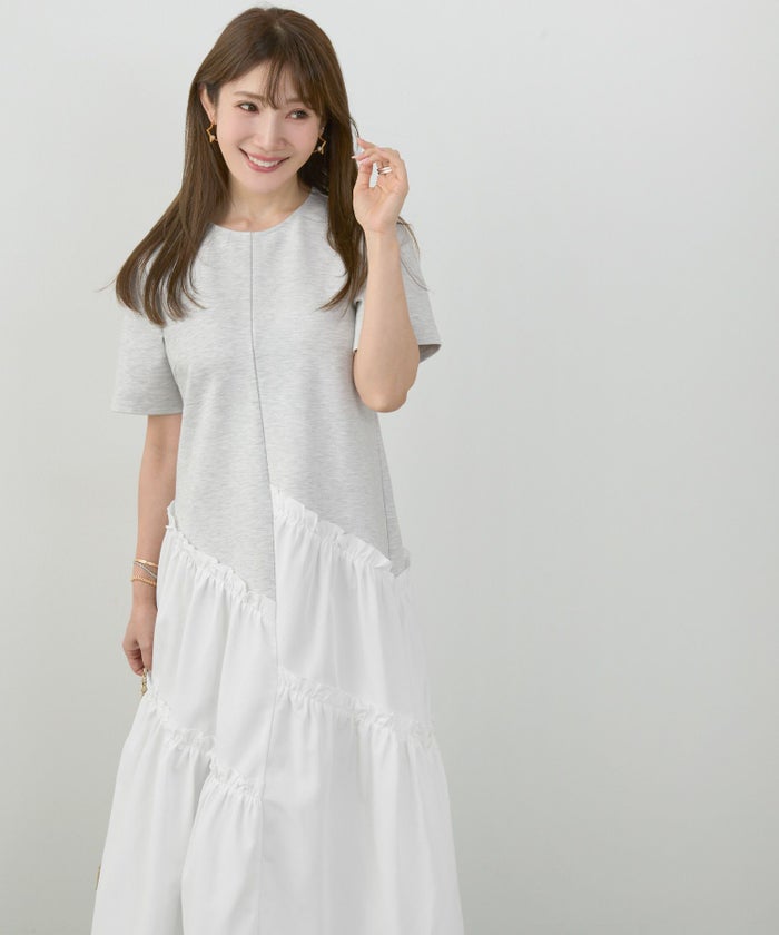 新色追加手洗い可ラウンドネックフレアティアードおしゃれ異素材切り替え上品大人可愛いきれいめ体型カバー半袖夏ジョイントスペース