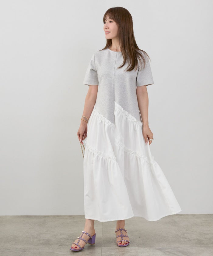 新色追加手洗い可ラウンドネックフレアティアードおしゃれ異素材切り替え上品大人可愛いきれいめ体型カバー半袖夏ジョイントスペース