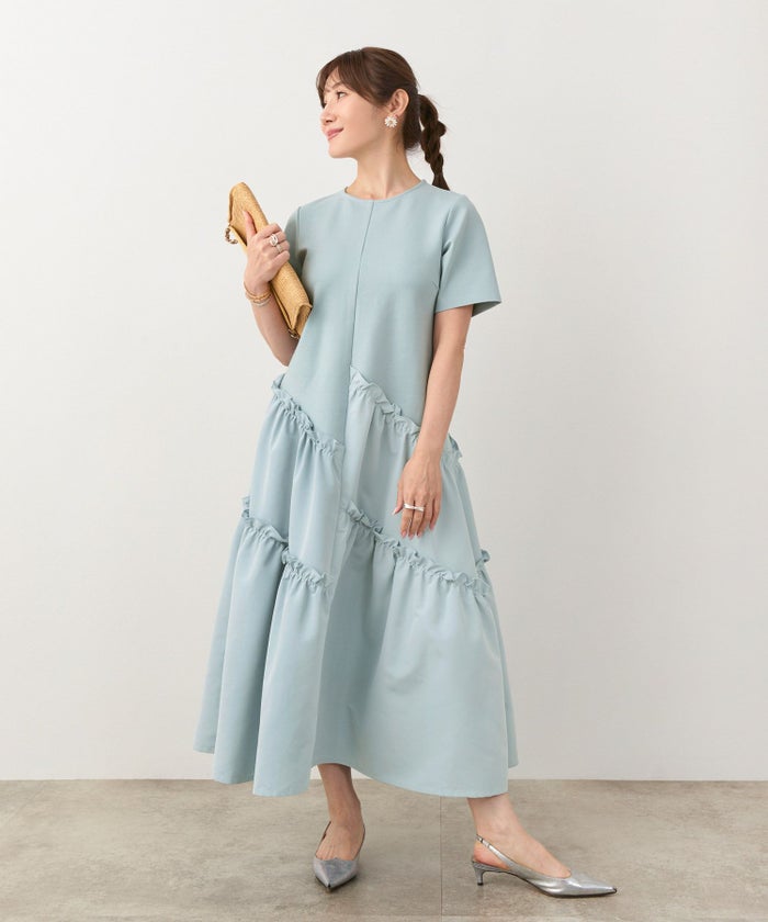 新色追加手洗い可ラウンドネックフレアティアードおしゃれ異素材切り替え上品大人可愛いきれいめ体型カバー半袖夏ジョイントスペース