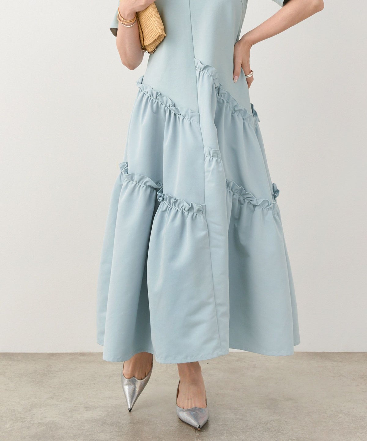 手洗い可ラウンドネックフレアティアードおしゃれフェミニンナチュラル上品大人可愛いきれいめ体型カバー半袖夏ジョイントスペース