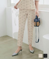 手洗い可 セットアップ対応可 水玉 かわいい 上品 きれいめ 大人カジュアル オフィス フォーマル フェミニン 美脚 ジョイントスペース ドット 刺しゅう センタープレス パンツ Liala×PG