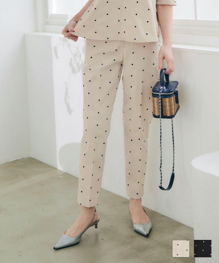 手洗い可 セットアップ対応可 水玉 かわいい 上品 きれいめ 大人カジュアル オフィス フォーマル フェミニン 美脚 ジョイントスペース ドット 刺しゅう センタープレス パンツ Liala×PG
