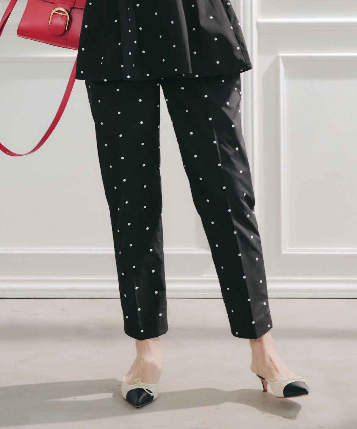 手洗い可セットアップ対応可水玉かわいい上品きれいめ大人カジュアルオフィスフォーマルフェミニン美脚ジョイントスペース