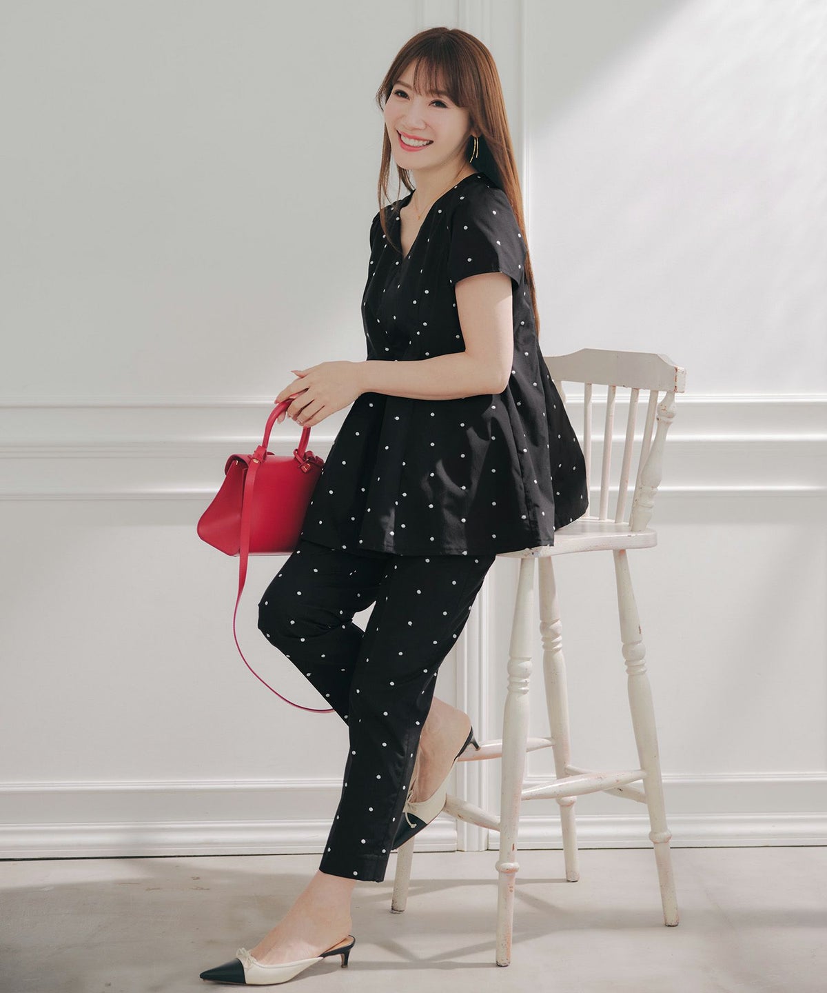 手洗い可セットアップ対応可水玉かわいい上品きれいめ大人カジュアルオフィスフォーマルフェミニン美脚ジョイントスペース