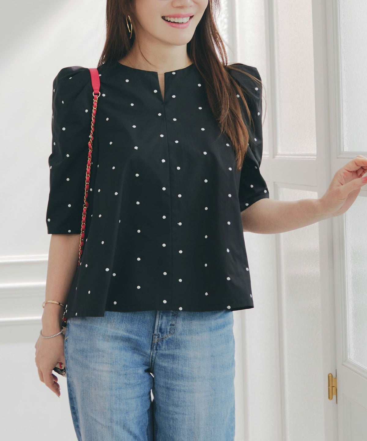 手洗い可セットアップ対応可水玉かわいい上品きれいめ大人カジュアルオフィスフォーマルフェミニンパフスリーブスリットジョイントスペース