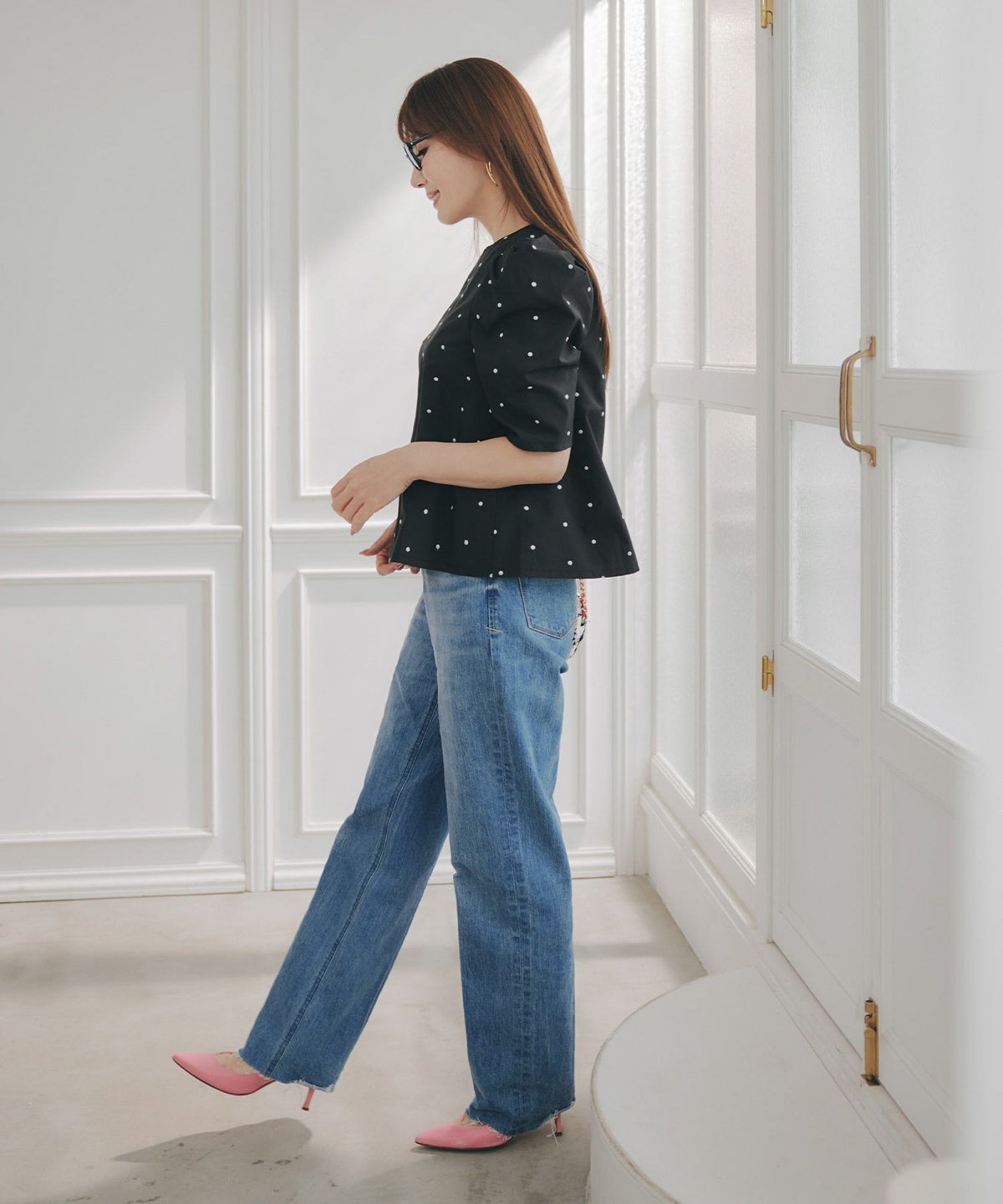 手洗い可セットアップ対応可水玉かわいい上品きれいめ大人カジュアルオフィスフォーマルフェミニンパフスリーブスリットジョイントスペース