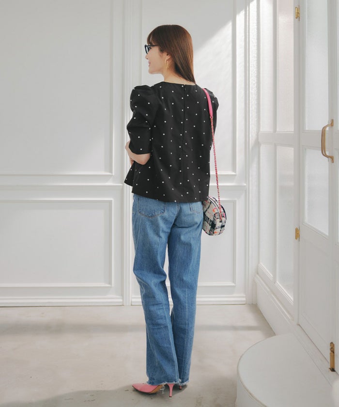 手洗い可セットアップ対応可水玉かわいい上品きれいめ大人カジュアルオフィスフォーマルフェミニンパフスリーブスリットジョイントスペース