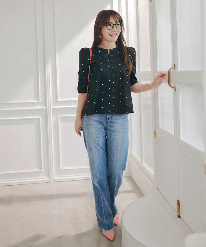 手洗い可セットアップ対応可水玉かわいい上品きれいめ大人カジュアルオフィスフォーマルフェミニンパフスリーブスリットジョイントスペース