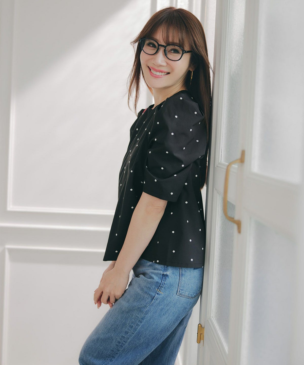 手洗い可セットアップ対応可水玉かわいい上品きれいめ大人カジュアルオフィスフォーマルフェミニンパフスリーブスリットジョイントスペース