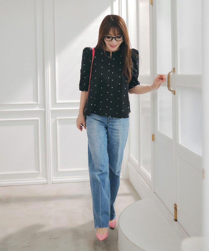 手洗い可セットアップ対応可水玉かわいい上品きれいめ大人カジュアルオフィスフォーマルフェミニンパフスリーブスリットジョイントスペース