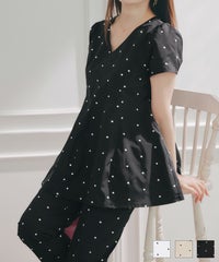 手洗い可 セットアップ対応可 水玉 かわいい 上品 きれいめ 大人カジュアル オフィス フォーマル フェミニン 体型カバー Vネック ジョイントスペース ドット 刺しゅう コクーンフレア ブラウス Liala×PG