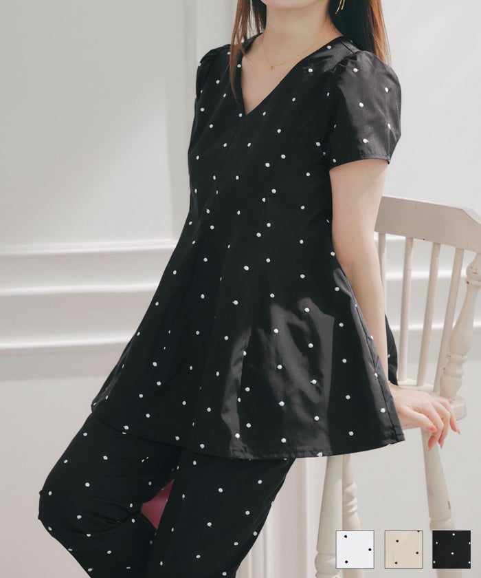 手洗い可 セットアップ対応可 水玉 かわいい 上品 きれいめ 大人カジュアル オフィス フォーマル フェミニン 体型カバー Vネック ジョイントスペース ドット 刺しゅう コクーンフレア ブラウス Liala×PG