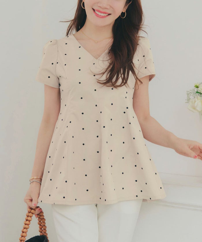 手洗い可 セットアップ対応可 水玉 かわいい 上品 きれいめ 大人カジュアル オフィス フォーマル フェミニン 体型カバー Vネック ジョイントスペース