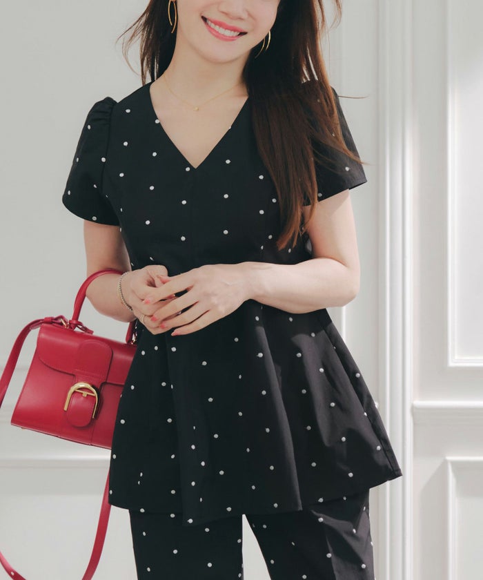 手洗い可 セットアップ対応可 水玉 かわいい 上品 きれいめ 大人カジュアル オフィス フォーマル フェミニン 体型カバー Vネック ジョイントスペース