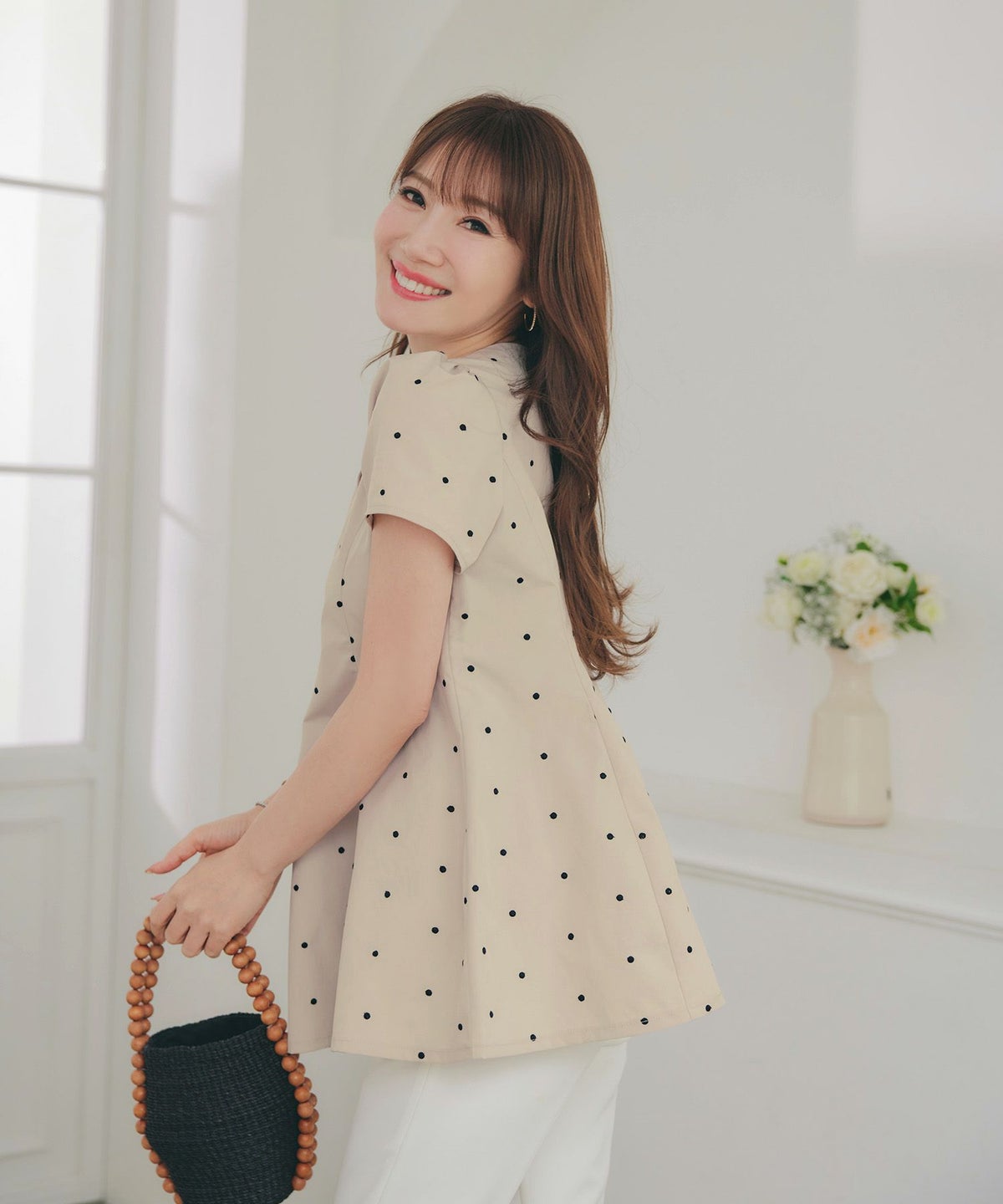 手洗い可 セットアップ対応可 水玉 かわいい 上品 きれいめ 大人カジュアル オフィス フォーマル フェミニン 体型カバー Vネック ジョイントスペース