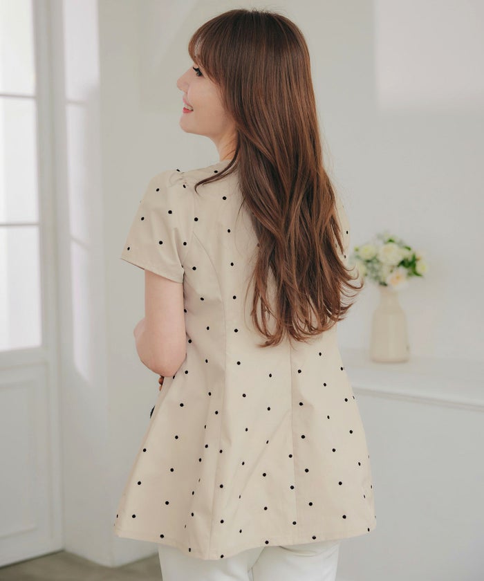 手洗い可 セットアップ対応可 水玉 かわいい 上品 きれいめ 大人カジュアル オフィス フォーマル フェミニン 体型カバー Vネック ジョイントスペース
