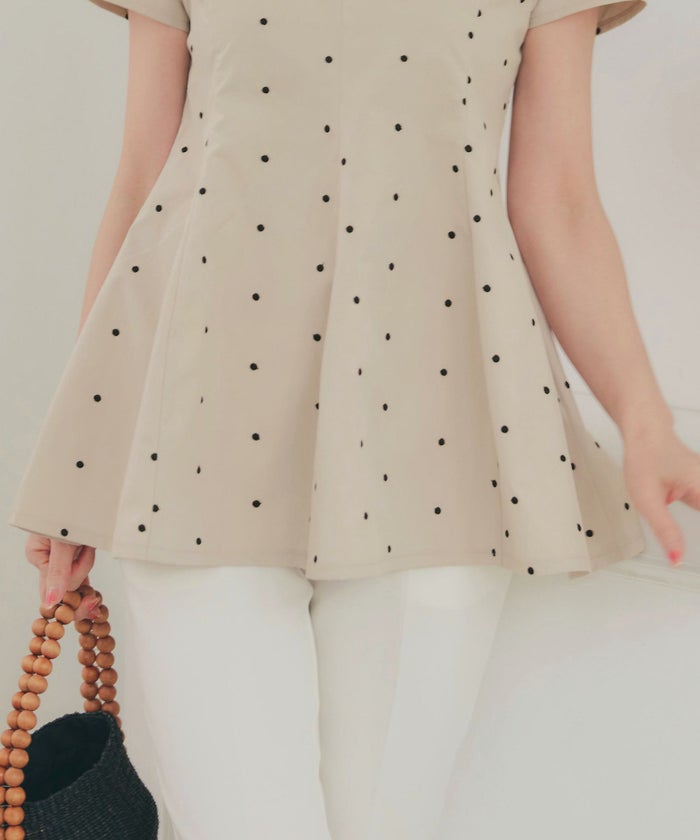 手洗い可 セットアップ対応可 水玉 かわいい 上品 きれいめ 大人カジュアル オフィス フォーマル フェミニン 体型カバー Vネック ジョイントスペース