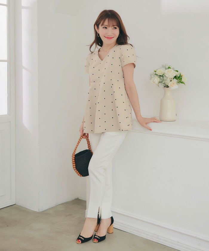 手洗い可 セットアップ対応可 水玉 かわいい 上品 きれいめ 大人カジュアル オフィス フォーマル フェミニン 体型カバー Vネック ジョイントスペース