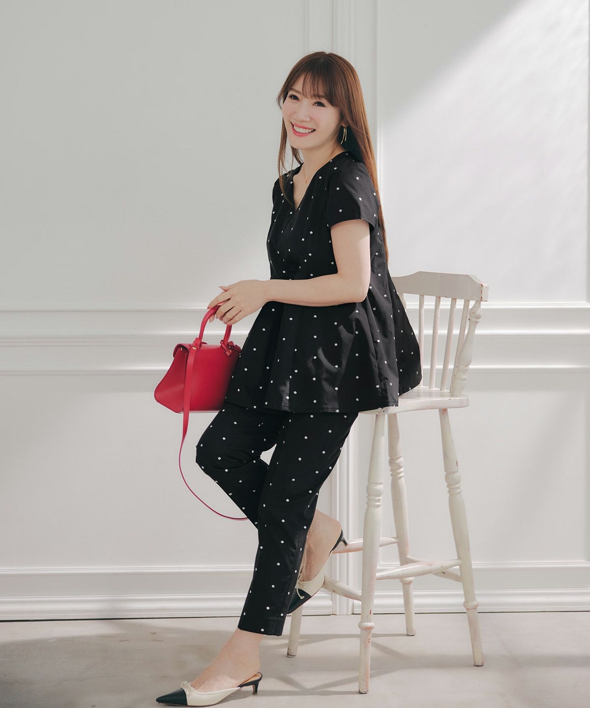 手洗い可 セットアップ対応可 水玉 かわいい 上品 きれいめ 大人カジュアル オフィス フォーマル フェミニン 体型カバー Vネック ジョイントスペース