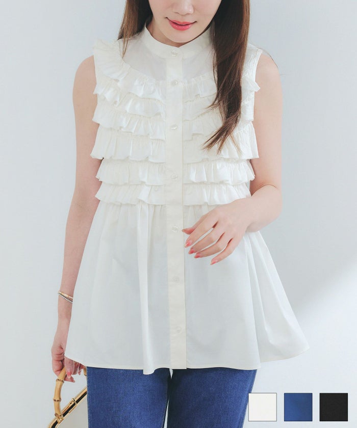 手洗い可 ラウンドヘム 上品 きれいめ エレガント フォーマル オフィス カジュアル フェミニン 体型カバー ジョイントスペース ホイップフリル バンドカラー ノースリーブ ブラウス Liala×PG