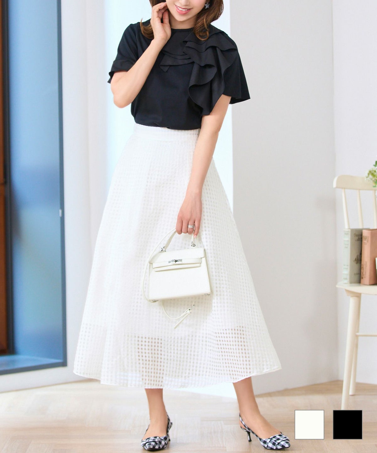 セレクト ボトムス スカート 上品 かわいい きれいめ オフィス 春夏 秋 白黒 膝下 フレア レディース ジョイントスペース セレクト シアーギンガム ワッシャー スカート Prima Scherrer