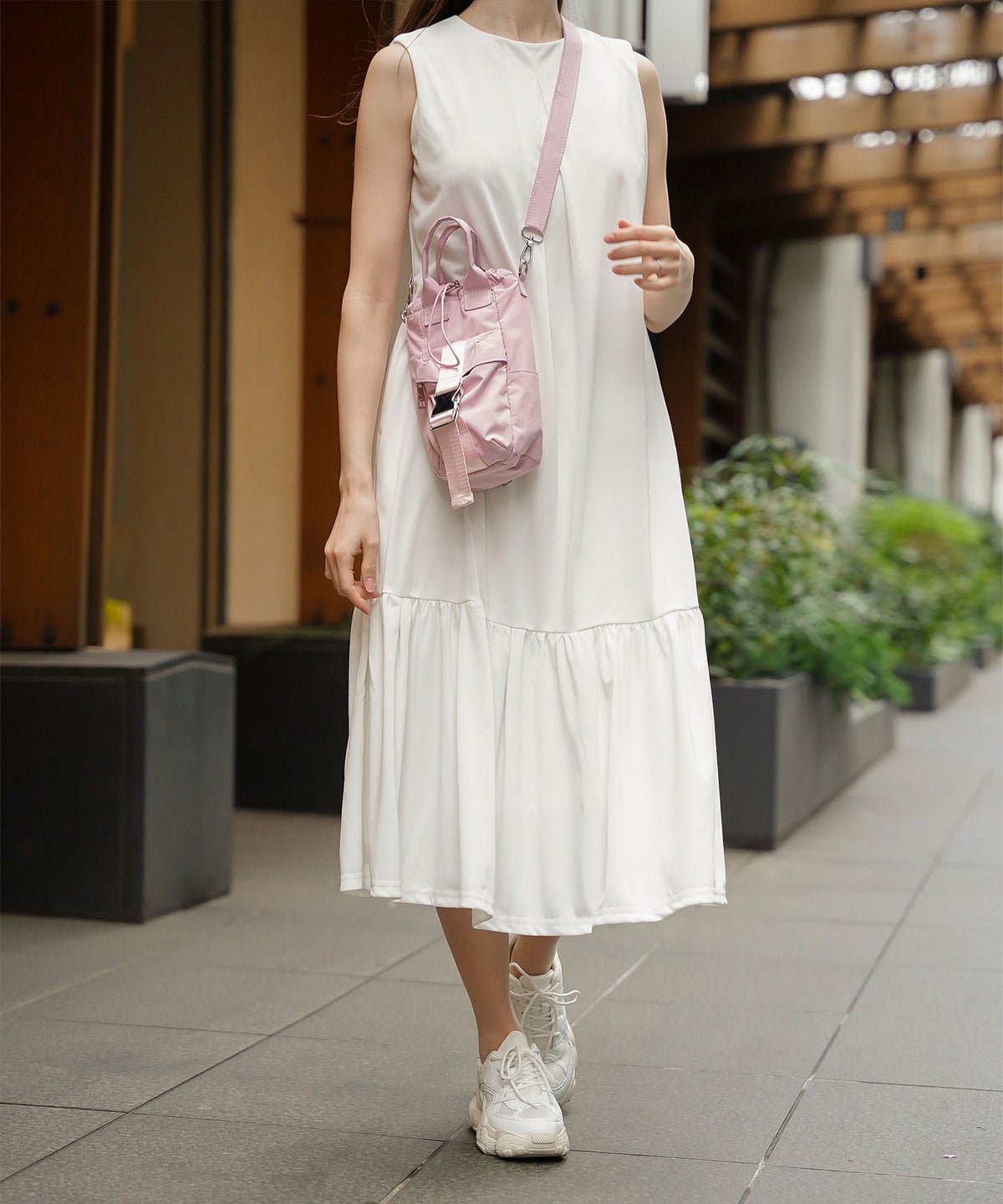 レディース マキシワンピース カップ付き インナー ノースリーブ ホワイト サックス ブラック S M