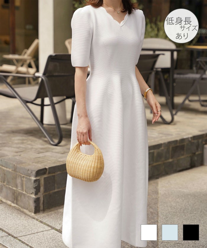 レディース ロングワンピース サマーニット スカラップ 半袖 きれいめ 上品 洗える ホワイト サックス ブラック S M スカラップネック ホールガーメント ニット ワンピース HUIT