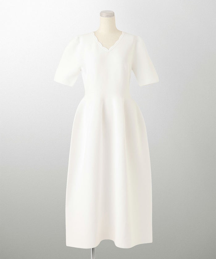 レディース ロングワンピース サマーニット スカラップ 半袖 きれいめ 上品 洗える ホワイト サックス ブラック S M