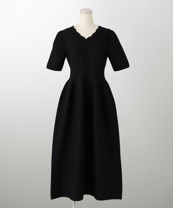 レディース ロングワンピース サマーニット スカラップ 半袖 きれいめ 上品 洗える ホワイト サックス ブラック S M