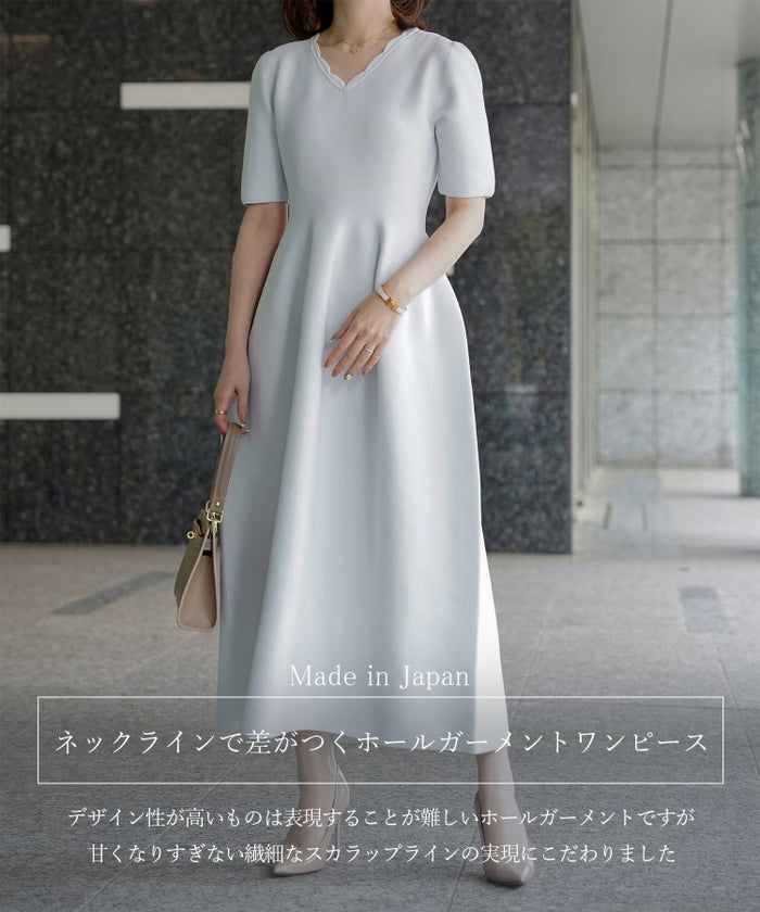 レディース ロングワンピース サマーニット スカラップ 半袖 きれいめ 上品 洗える ホワイト サックス ブラック S M