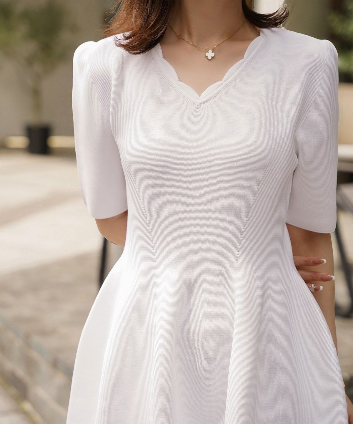 レディース ロングワンピース サマーニット スカラップ 半袖 きれいめ 上品 洗える ホワイト サックス ブラック S M