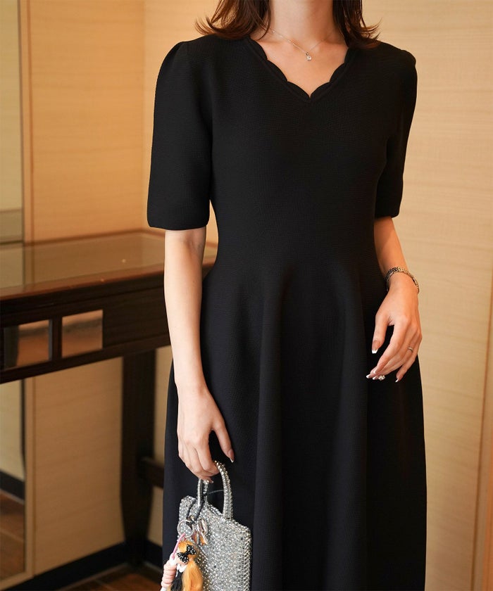 レディース ロングワンピース サマーニット スカラップ 半袖 きれいめ 上品 洗える ホワイト サックス ブラック S M