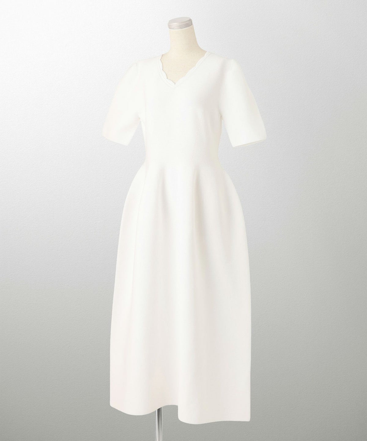 レディース ロングワンピース サマーニット スカラップ 半袖 きれいめ 上品 洗える ホワイト サックス ブラック S M