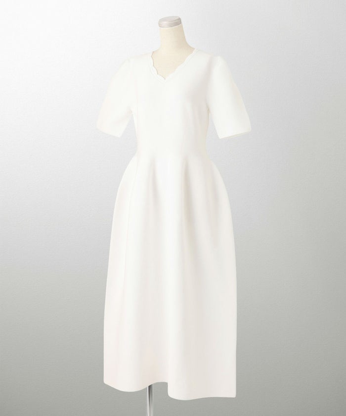 レディース ロングワンピース サマーニット スカラップ 半袖 きれいめ 上品 洗える ホワイト サックス ブラック S M