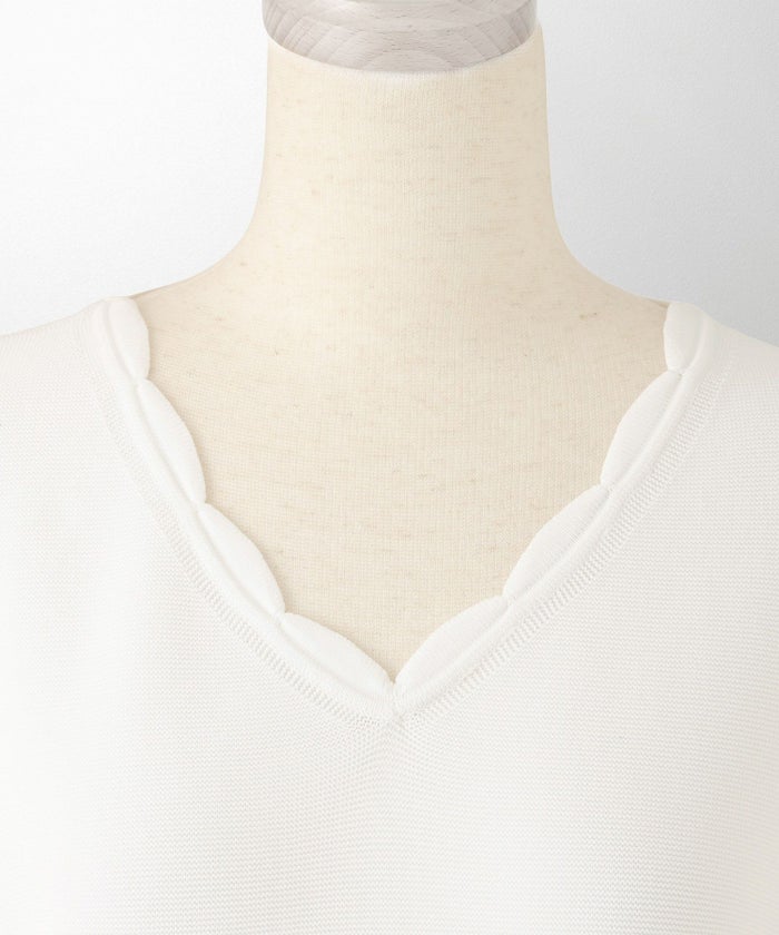 レディース ロングワンピース サマーニット スカラップ 半袖 きれいめ 上品 洗える ホワイト サックス ブラック S M