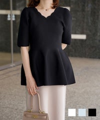 レディース ニットトップス  サマーニット スカラップ 半袖 きれいめ 上品 洗える ホワイト サックス ブラック S M スカラップネック ホールガーメント ニット トップス HUIT