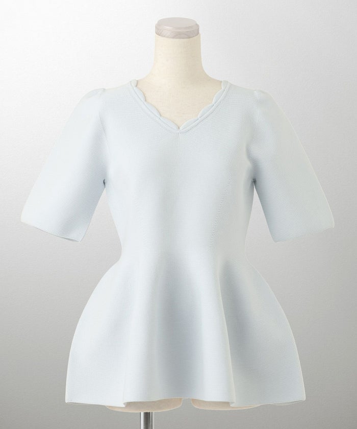 レディース ニットトップス  サマーニット スカラップ 半袖 きれいめ 上品 洗える ホワイト サックス ブラック S M