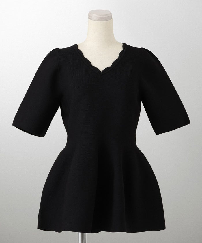 レディース ニットトップス  サマーニット スカラップ 半袖 きれいめ 上品 洗える ホワイト サックス ブラック S M