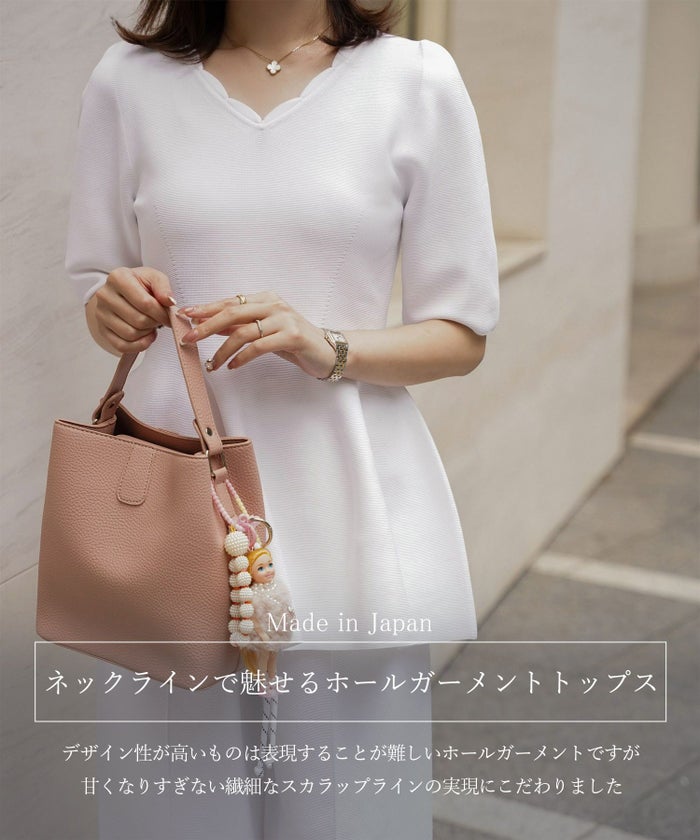 レディース ニットトップス  サマーニット スカラップ 半袖 きれいめ 上品 洗える ホワイト サックス ブラック S M