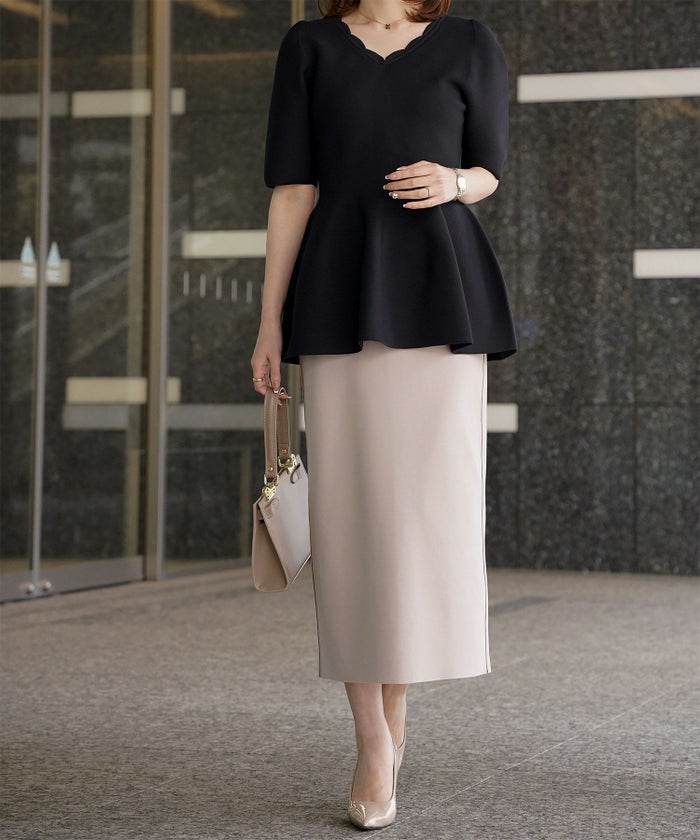 レディース ニットトップス  サマーニット スカラップ 半袖 きれいめ 上品 洗える ホワイト サックス ブラック S M