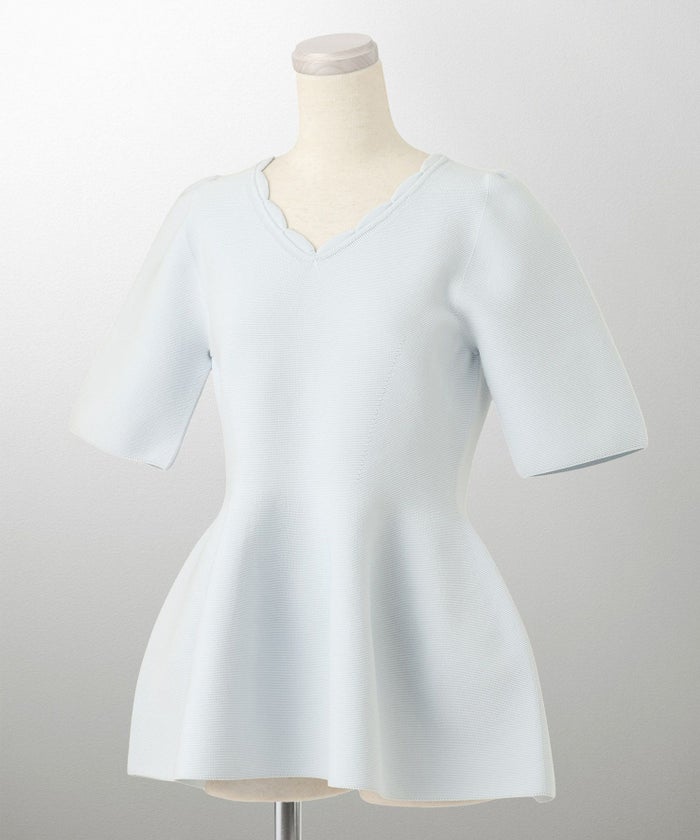 レディース ニットトップス  サマーニット スカラップ 半袖 きれいめ 上品 洗える ホワイト サックス ブラック S M