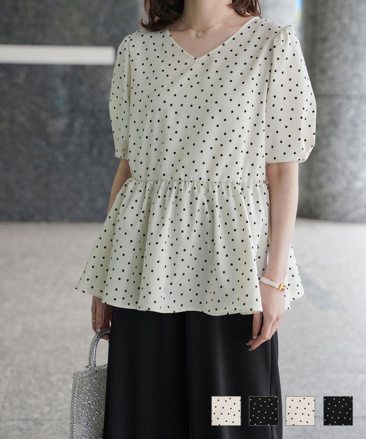 レディース ブラウス 2way ドット ペプラム きれいめ 洗える ホワイト ブラック 選べる ネックデザイン ブラウス HUIT