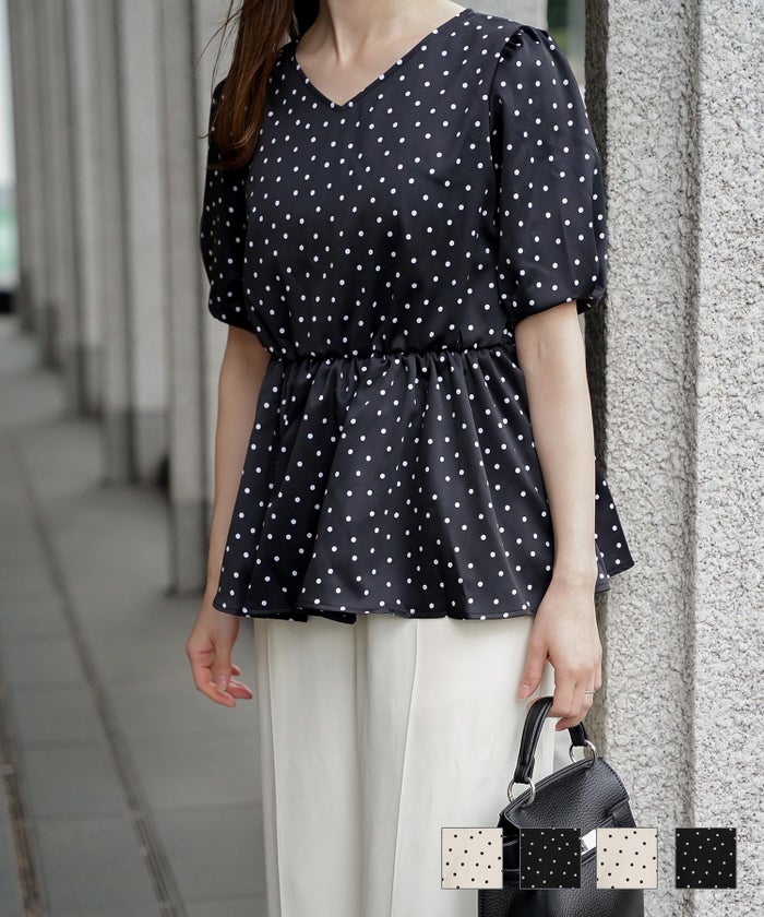 レディース ブラウス 2way ドット ペプラム きれいめ 洗える ホワイト ブラック 選べる ネックデザイン ブラウス HUIT