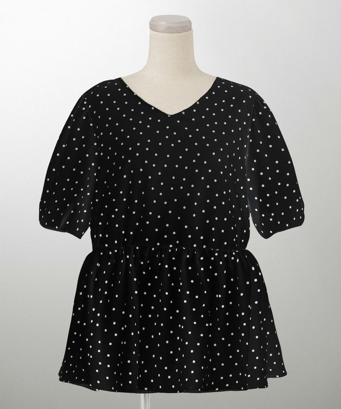 レディース ブラウス 2way ドット ペプラム きれいめ 洗える ホワイト ブラック