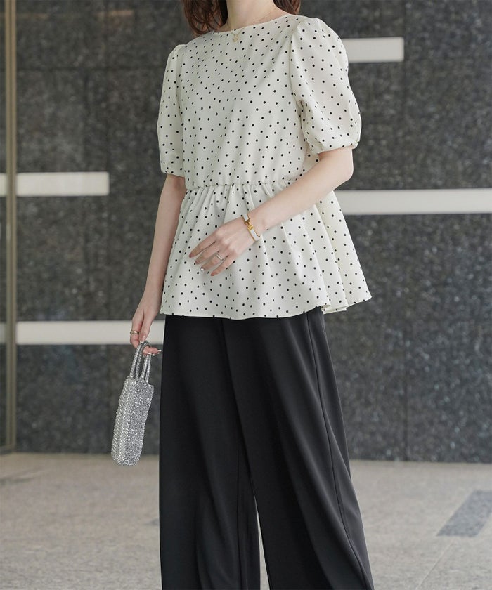 レディース ブラウス 2way ドット ペプラム きれいめ 洗える ホワイト ブラック