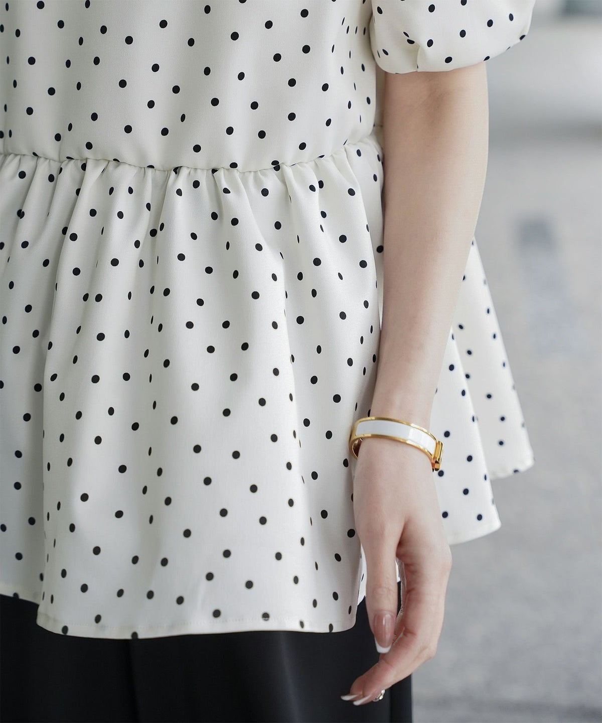 レディース ブラウス 2way ドット ペプラム きれいめ 洗える ホワイト ブラック