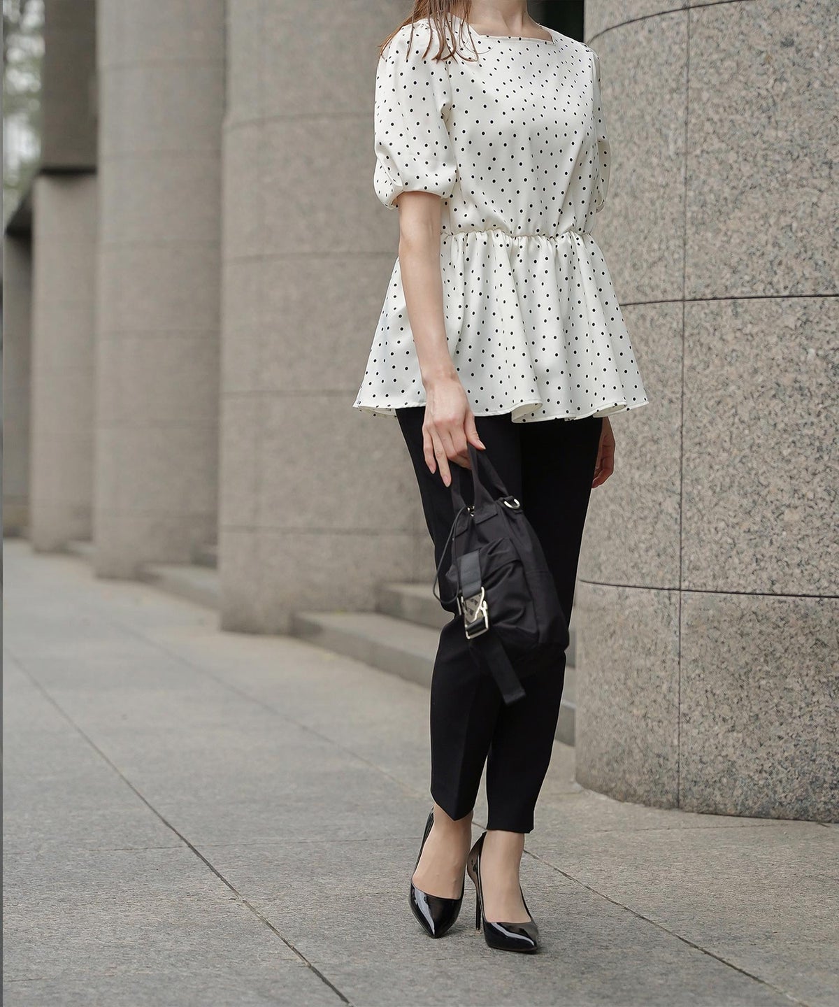 レディース ブラウス 2way ドット ペプラム きれいめ 洗える ホワイト ブラック