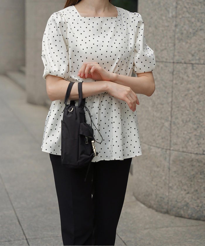 レディース ブラウス 2way ドット ペプラム きれいめ 洗える ホワイト ブラック