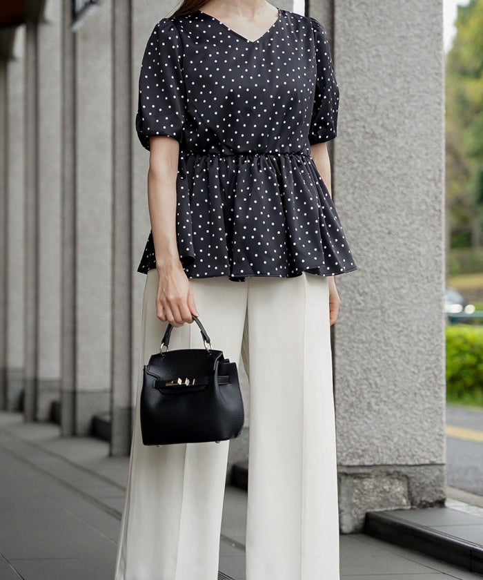 レディース ブラウス 2way ドット ペプラム きれいめ 洗える ホワイト ブラック